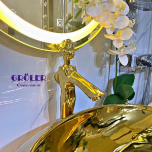 Vòi rửa mặt VNV802C nghệ thuật cao đồng mạ vàng cao cấp Groler