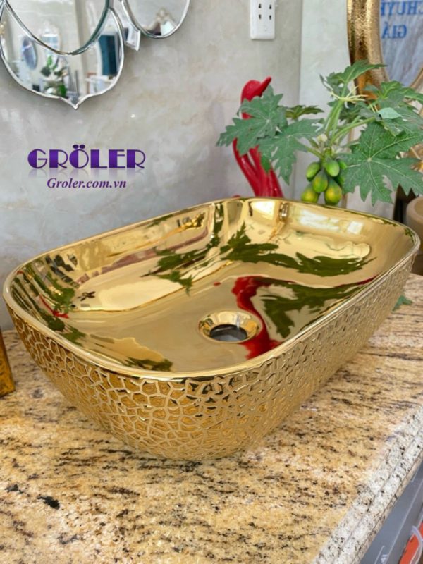 Lavabo Nghệ Thuật Mạ Vàng Chữ Nhật Groler Gr Lmv4