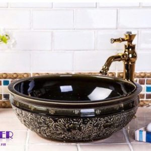 Lavabo Nghệ Thuật Tròn Hoa Văn Xanh đen Groler Gr Ln101