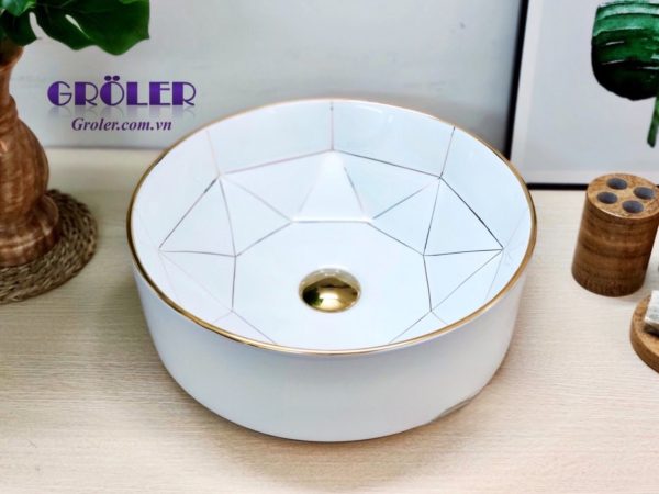 Lavabo Nghệ Thuật Tròn Viền Vàng Lục Lăng Groler Gr Lov3