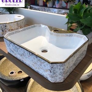 Lavabo Nghệ Thuật Viền Vàng Họa Tiết Groler Gr Lmv7